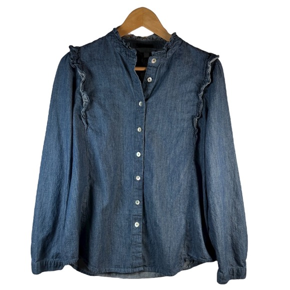 Draper James Tops - Draper James Small Denim Chambray Ruffle Button Down Top‎ Cottagecore Preppy
